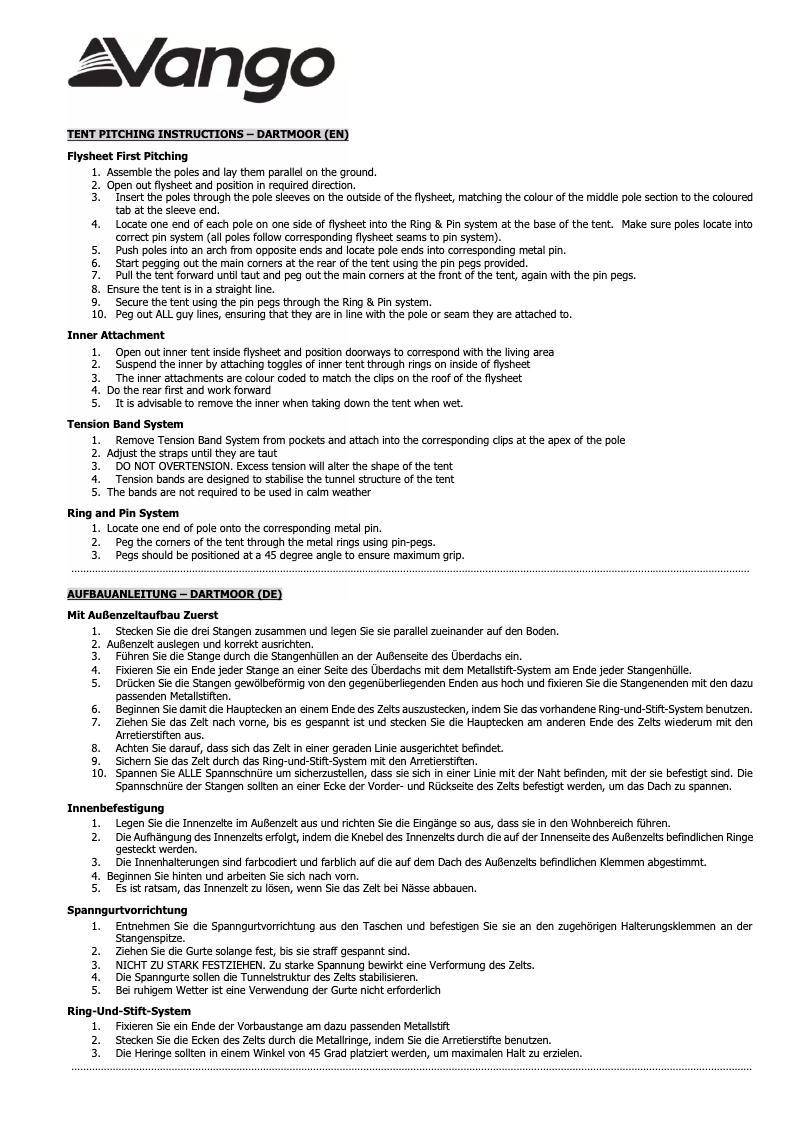 Page 1 de la notice Manuel utilisateur Vango Dartmoor 500