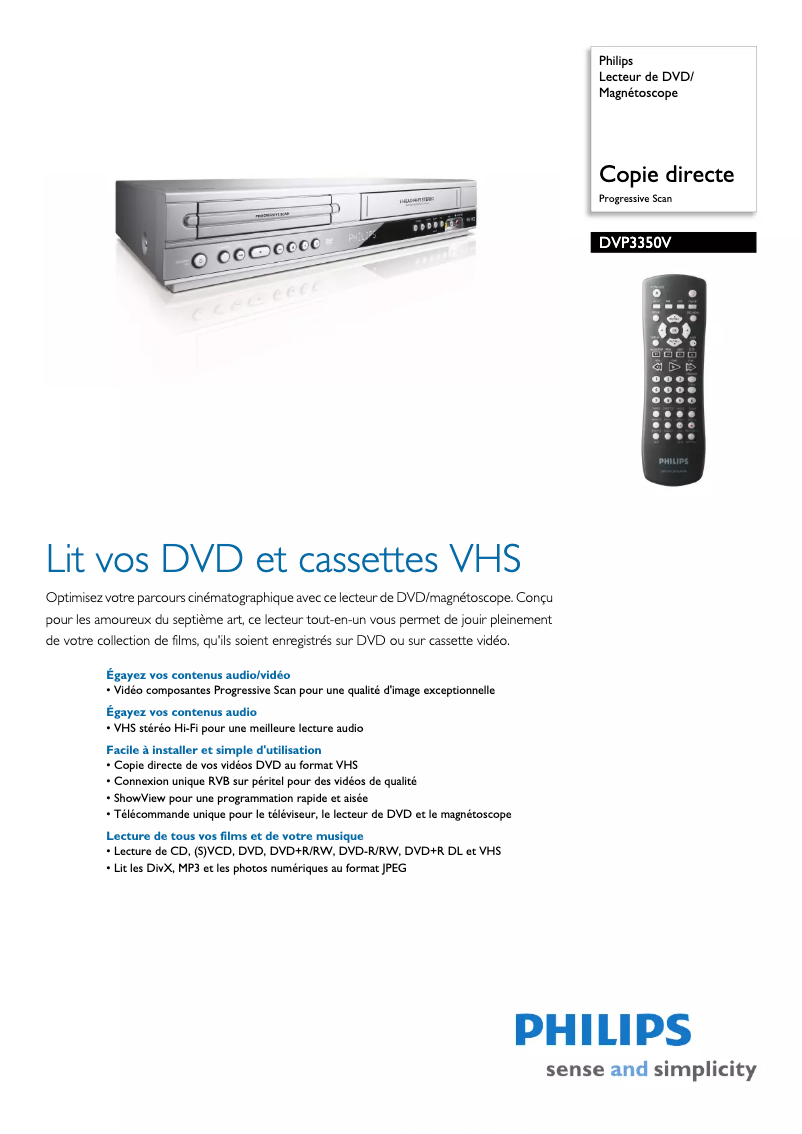 Page 1 of the manual Technical Sheet Philips DVP3350V