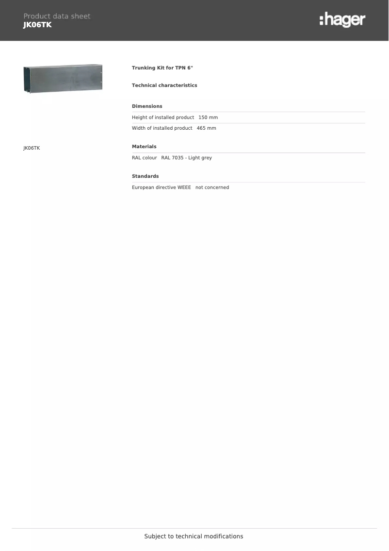 Page 1 de la notice Fiche technique Hager JK06TK