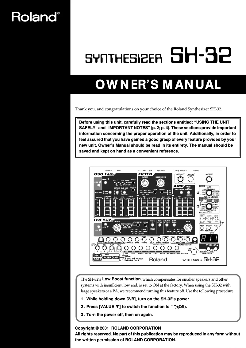 Page 1 de la notice Manuel utilisateur Roland SH-32