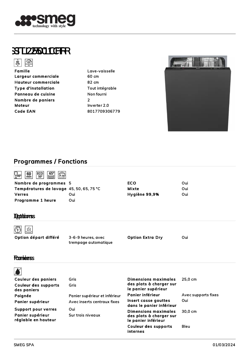 Page 1 de la notice Fiche technique Smeg STL2501CFR