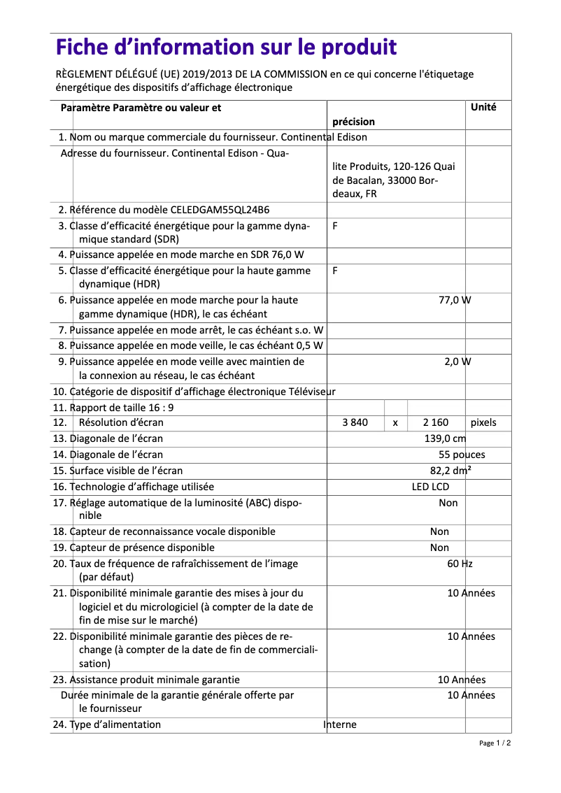 Page 1 de la notice Label énergétique Continental Edison CELEDGAM55QL24B6