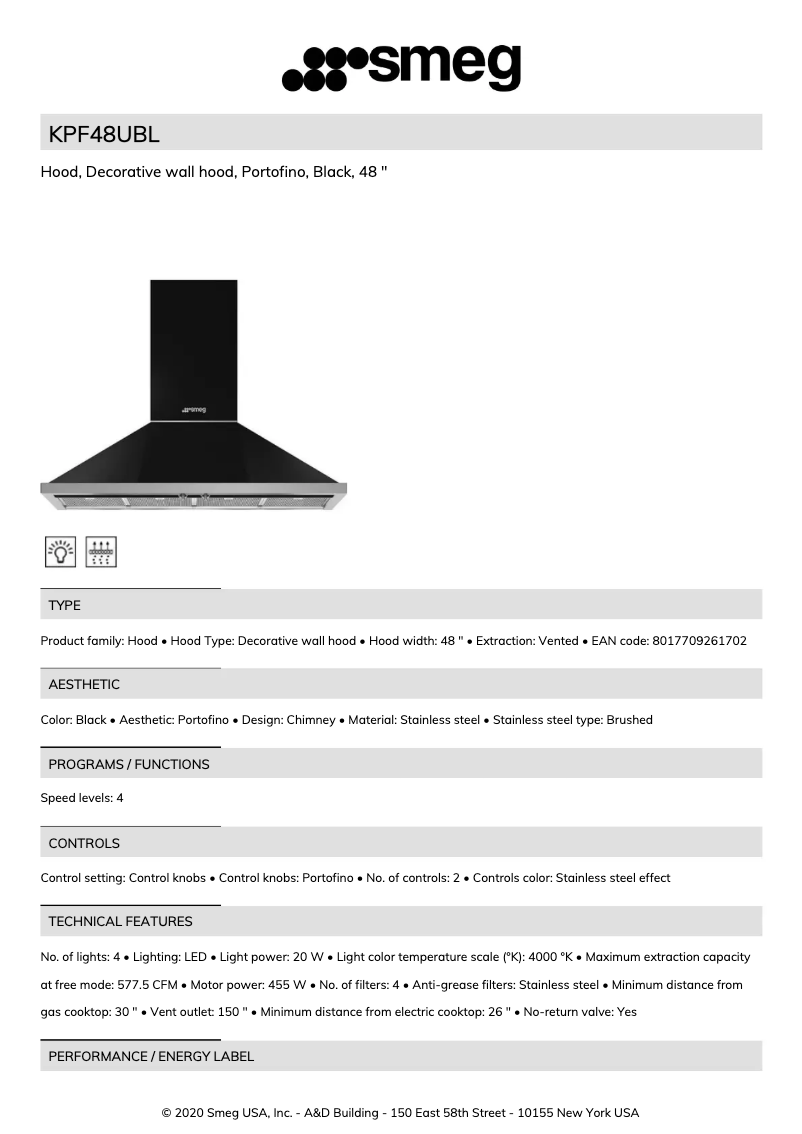 Page 1 de la notice Fiche technique Smeg KPF48UBL