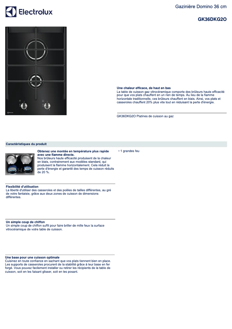 Page 1 de la notice Fiche technique Electrolux GK36DKG2O