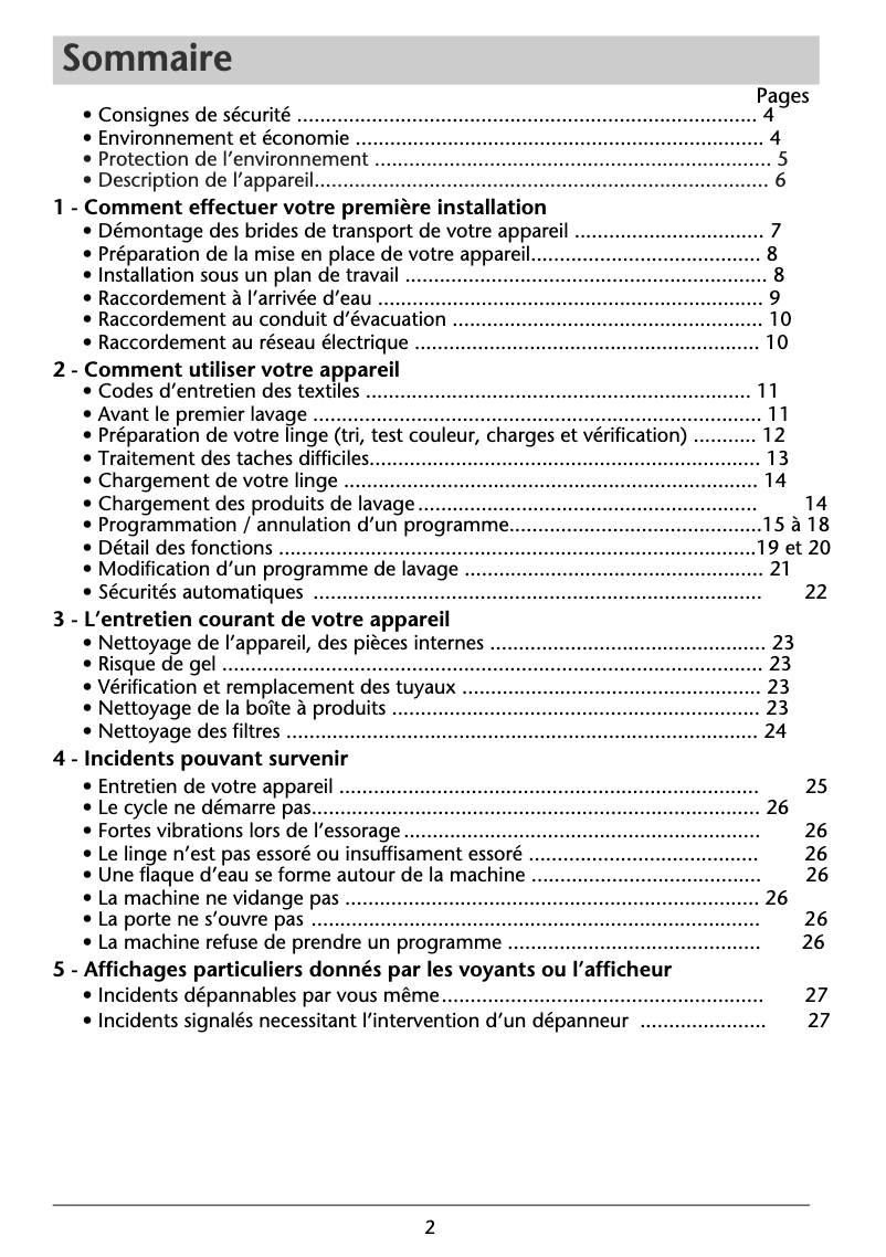 Page 1 de la notice Manuel utilisateur Brandt WFH1177F