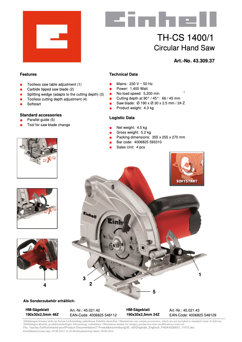 Page 1 de la notice Fiche technique Einhell TH-CS 1400/1