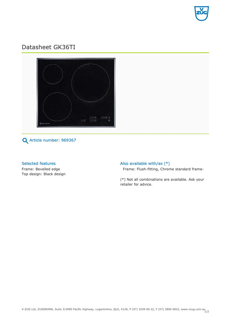 Página 1 del manual Ficha técnica V-Zug GK36TI