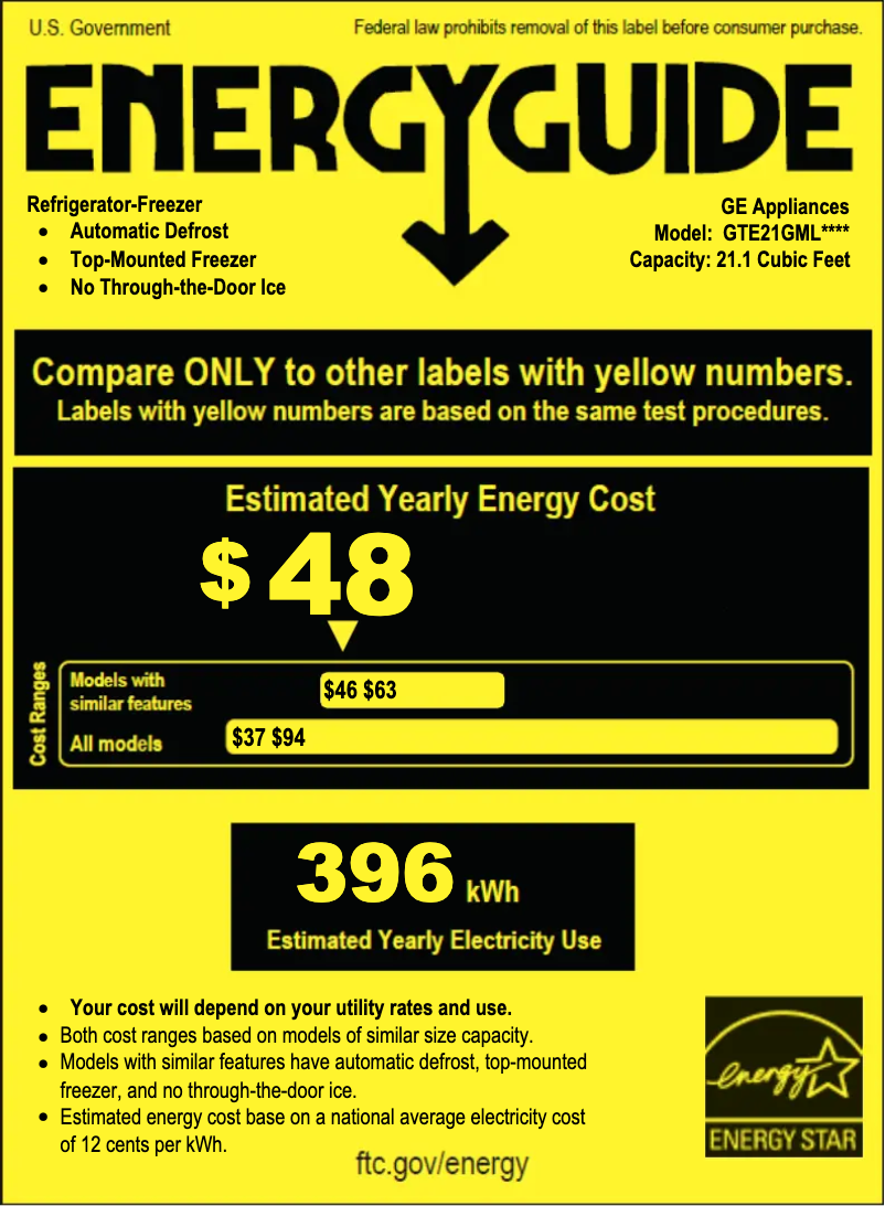 Page 1 de la notice Label énergétique GE GTE21GMLES
