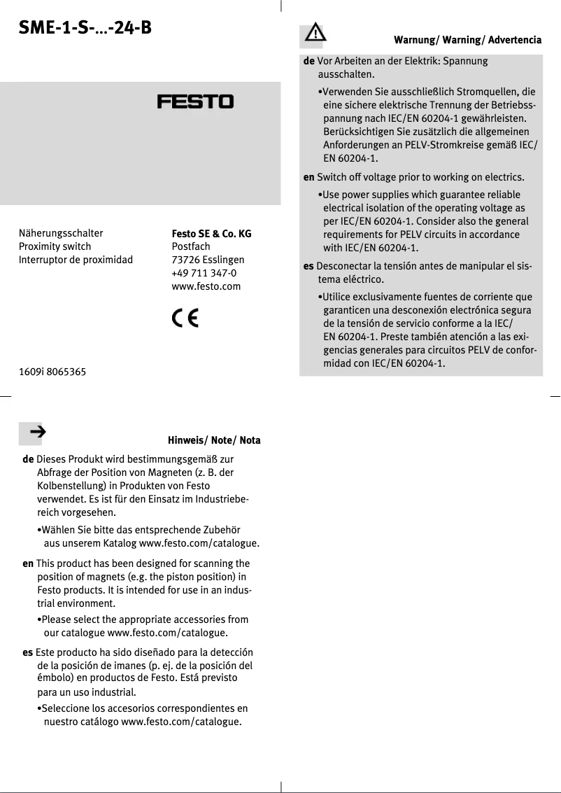 Page 1 de la notice Manuel utilisateur Festo SME-1-S-24-B