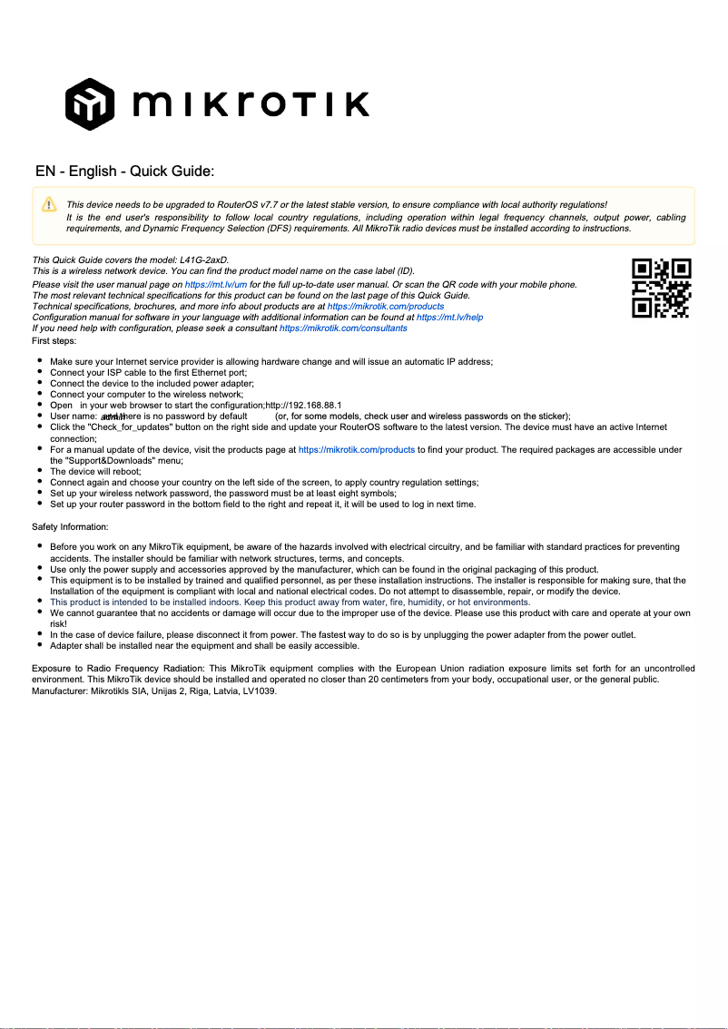 Page 1 de la notice Manuel utilisateur Mikrotik hAP ax lite