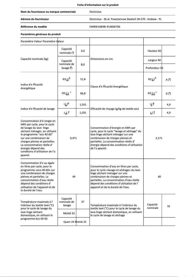 Page 1 de la notice Fiche technique AEG EW8W1684BI