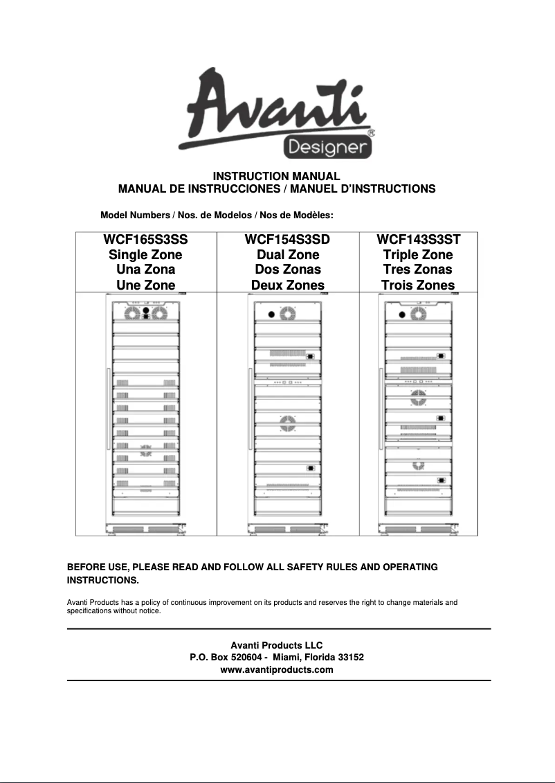 Page 1 de la notice Manuel utilisateur Avanti WCF165S3SS