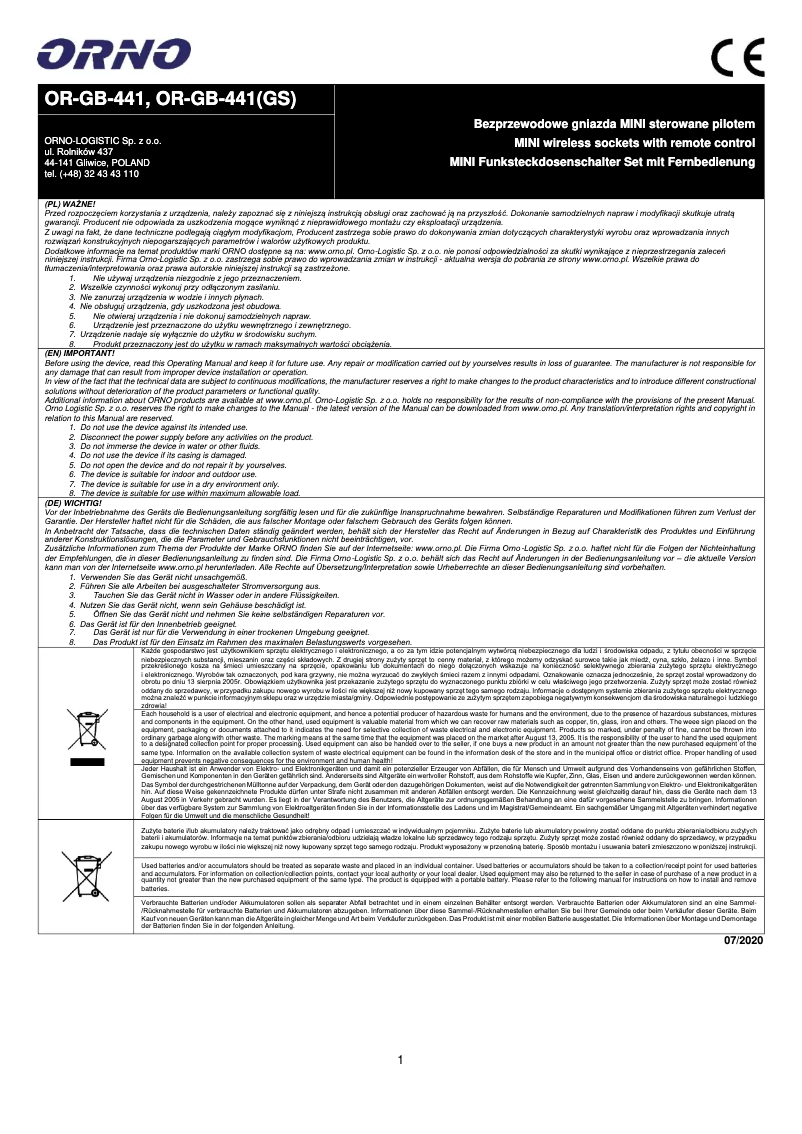 Page 1 de la notice Manuel utilisateur ORNO OR-GB-441