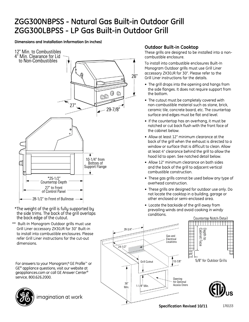 Página 1 del manual Ficha técnica GE ZGG300LBPSS