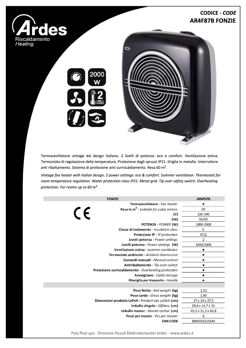 Page 1 de la notice Fiche technique Ardes AR4F07B