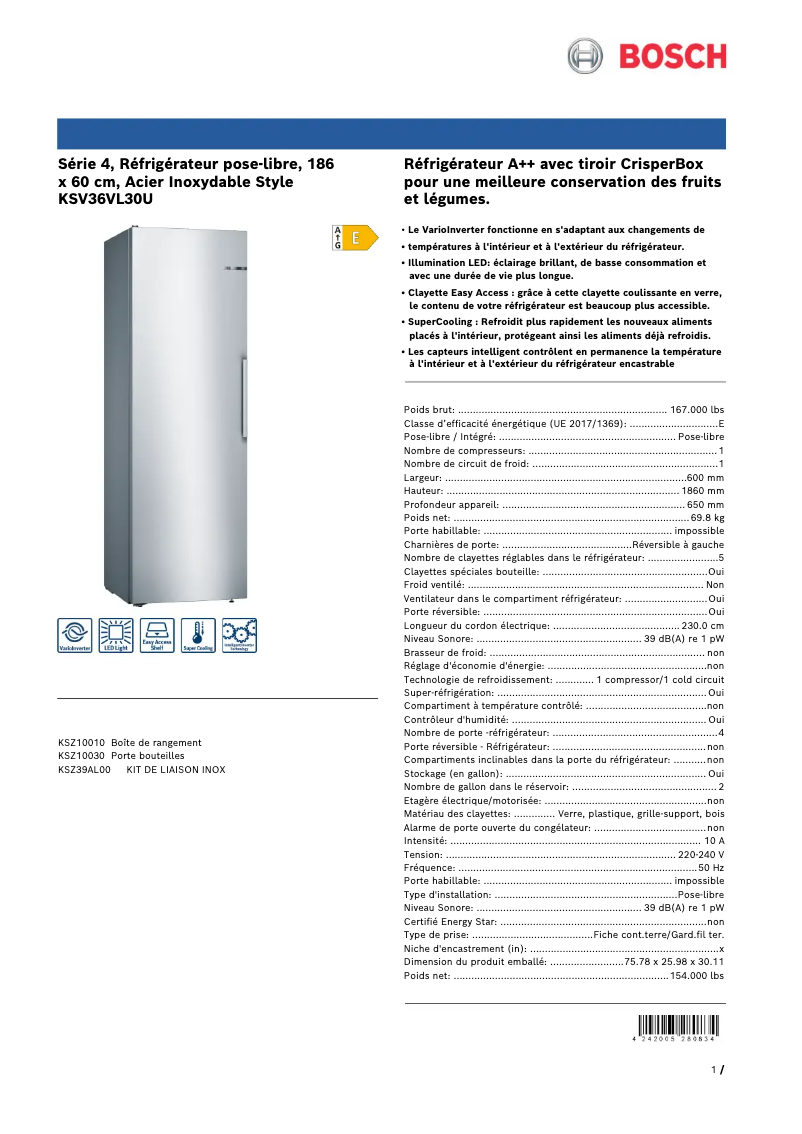 Page 1 de la notice Fiche technique Bosch KSV36VL30U