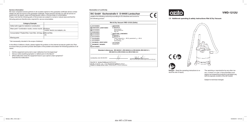 Page 1 de la notice Manuel utilisateur Ozito VWD-1212U