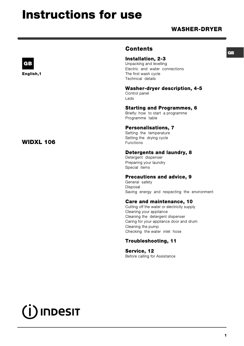 Página 1 del manual Manual de usuario Indesit WIDXL 106 (AUSP)