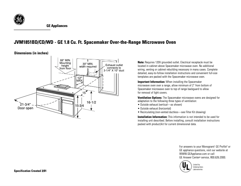 Página 1 del manual Ficha técnica GE JVM1851CD