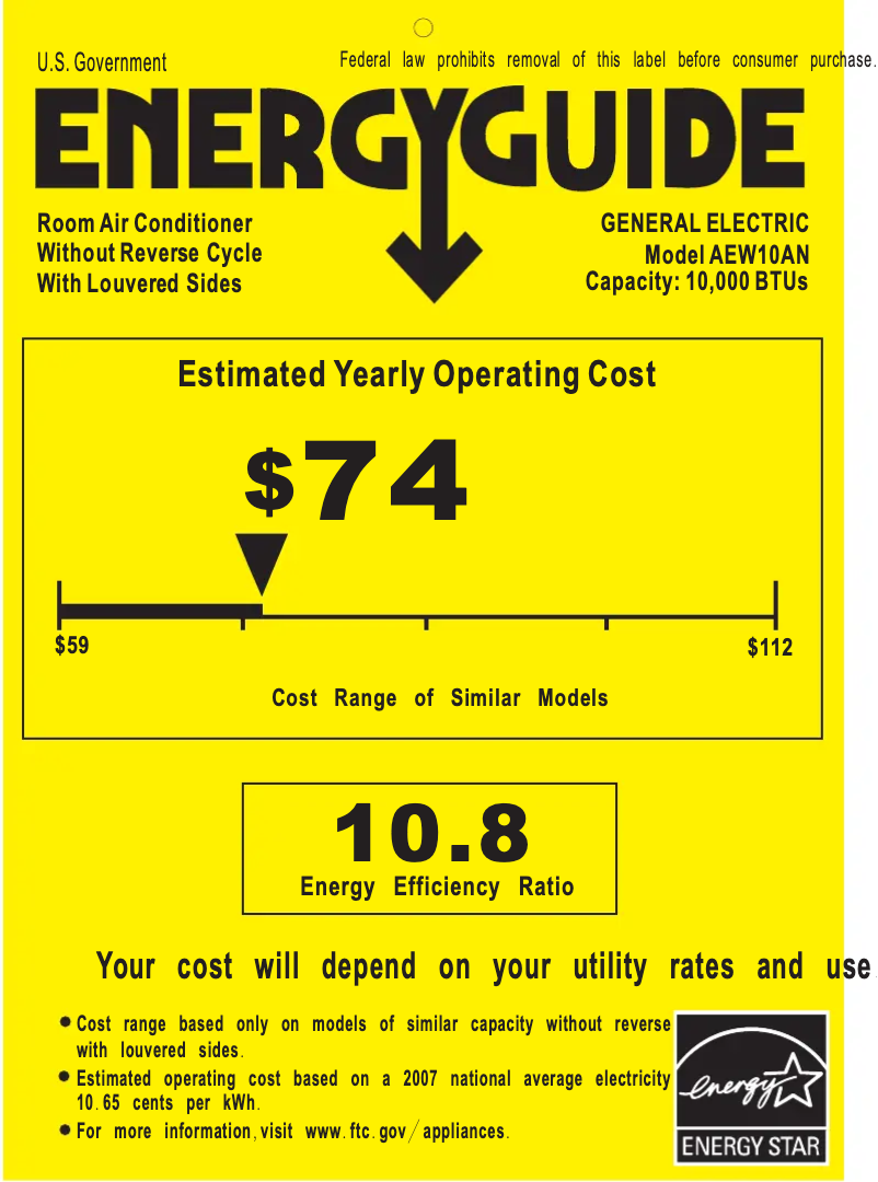 Página 1 del manual Etiqueta energética GE AEW10AN