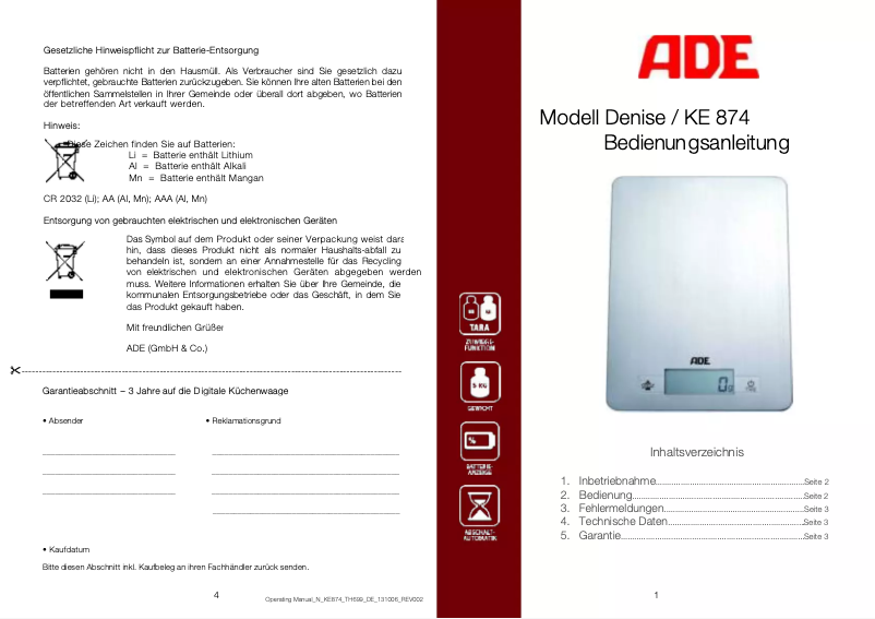 Page 1 de la notice Manuel utilisateur ADE KE 874