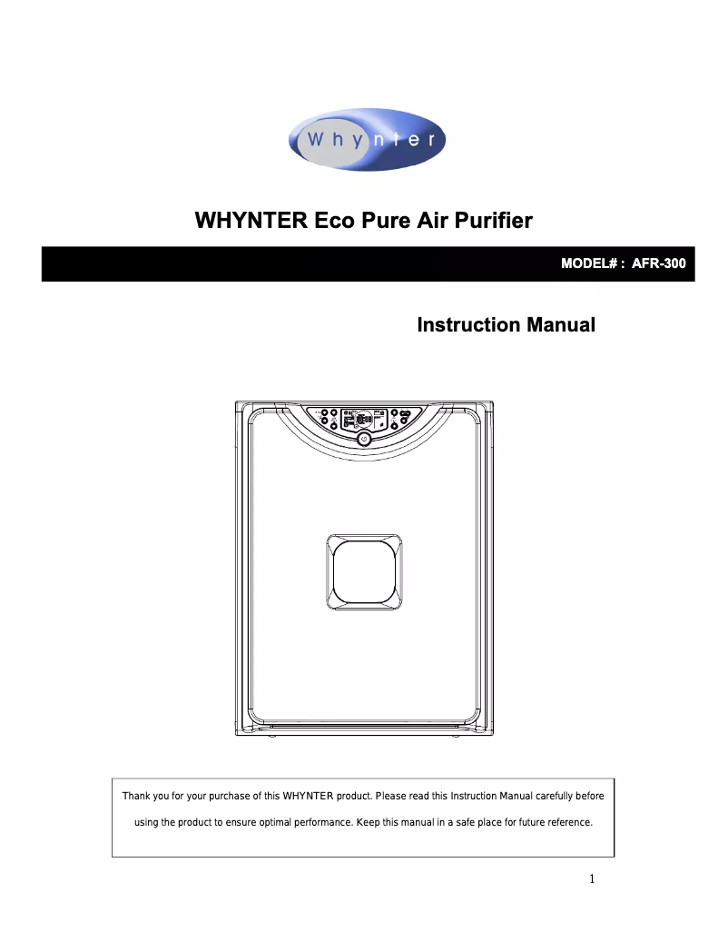 Page 1 de la notice Manuel utilisateur Whynter Eco Pure AFR-300