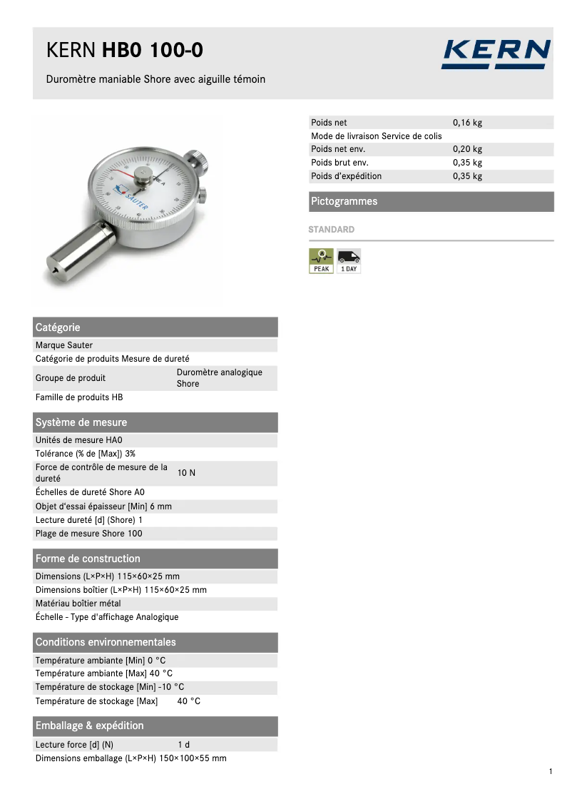 Page 1 de la notice Fiche technique Kern HB0 100-0