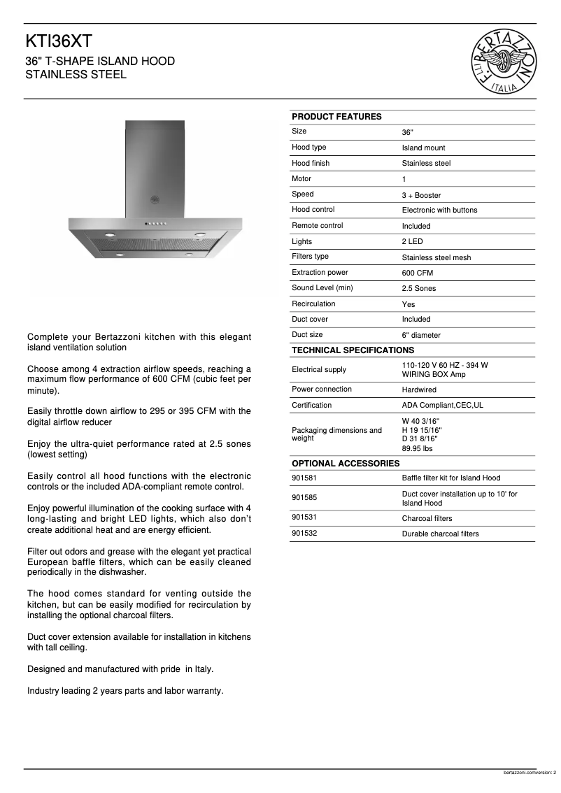 Page 1 de la notice Fiche technique Bertazzoni KTI36XT