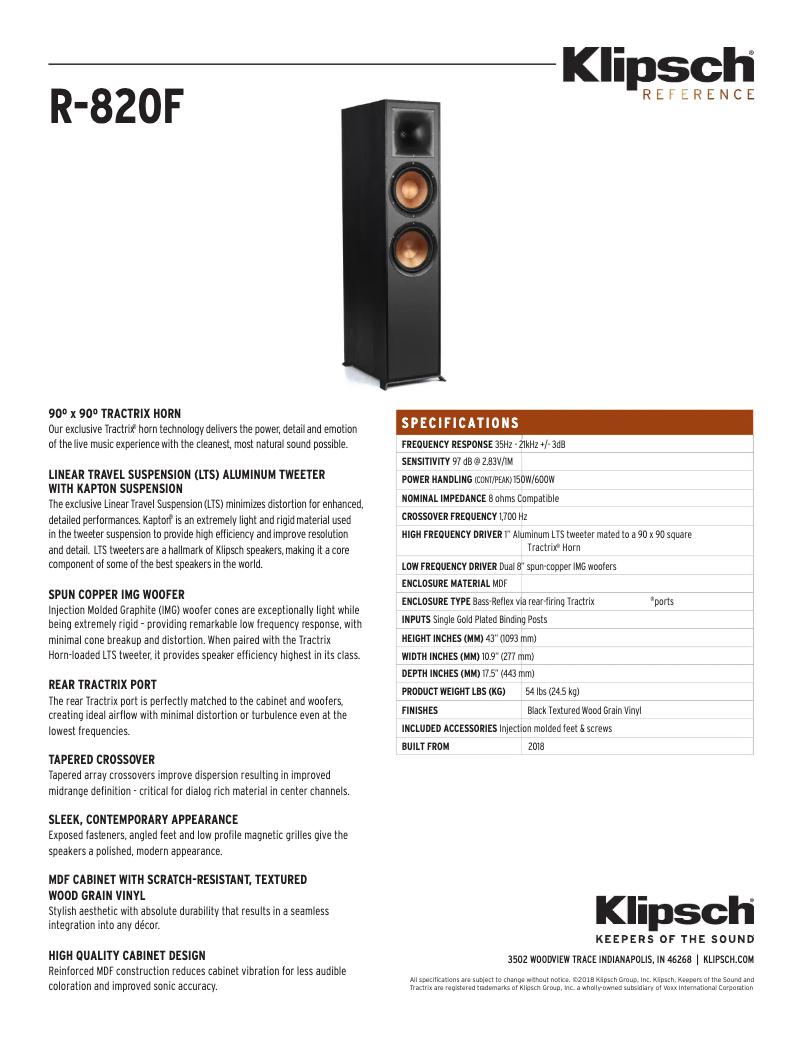 Page 1 de la notice Fiche technique Klipsch Reference R-820F