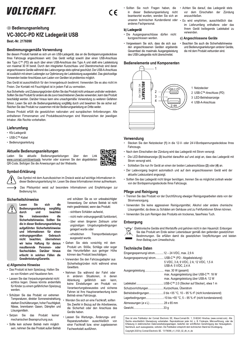 Page 1 de la notice Manuel utilisateur Voltcraft VC-30CC-PD
