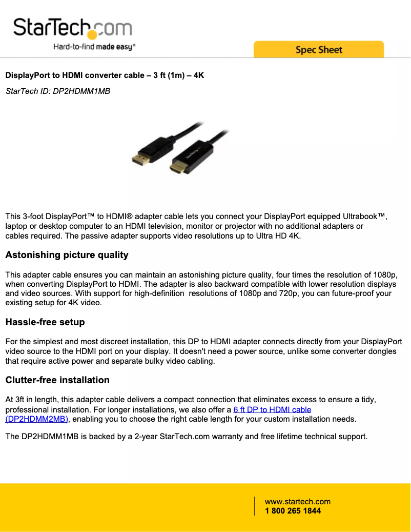 Page 1 de la notice Brochure StarTech.com DP2HDMM1MB