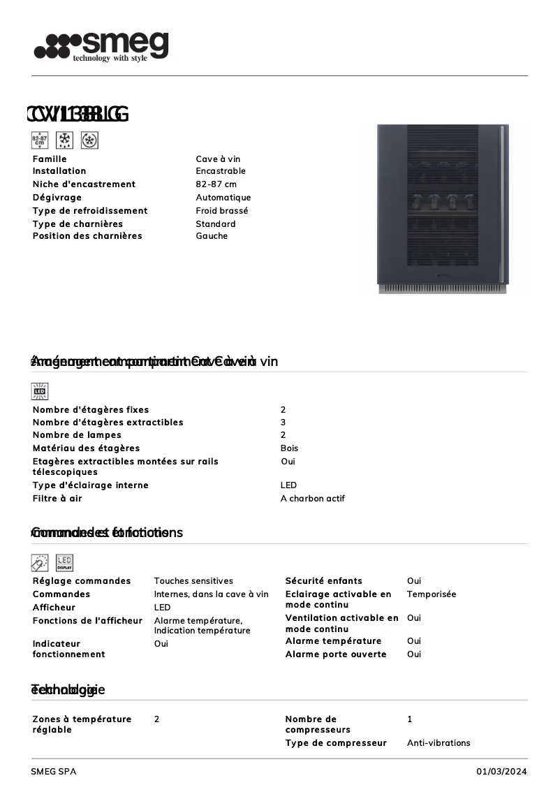Page 1 de la notice Fiche technique Smeg CVI138LG