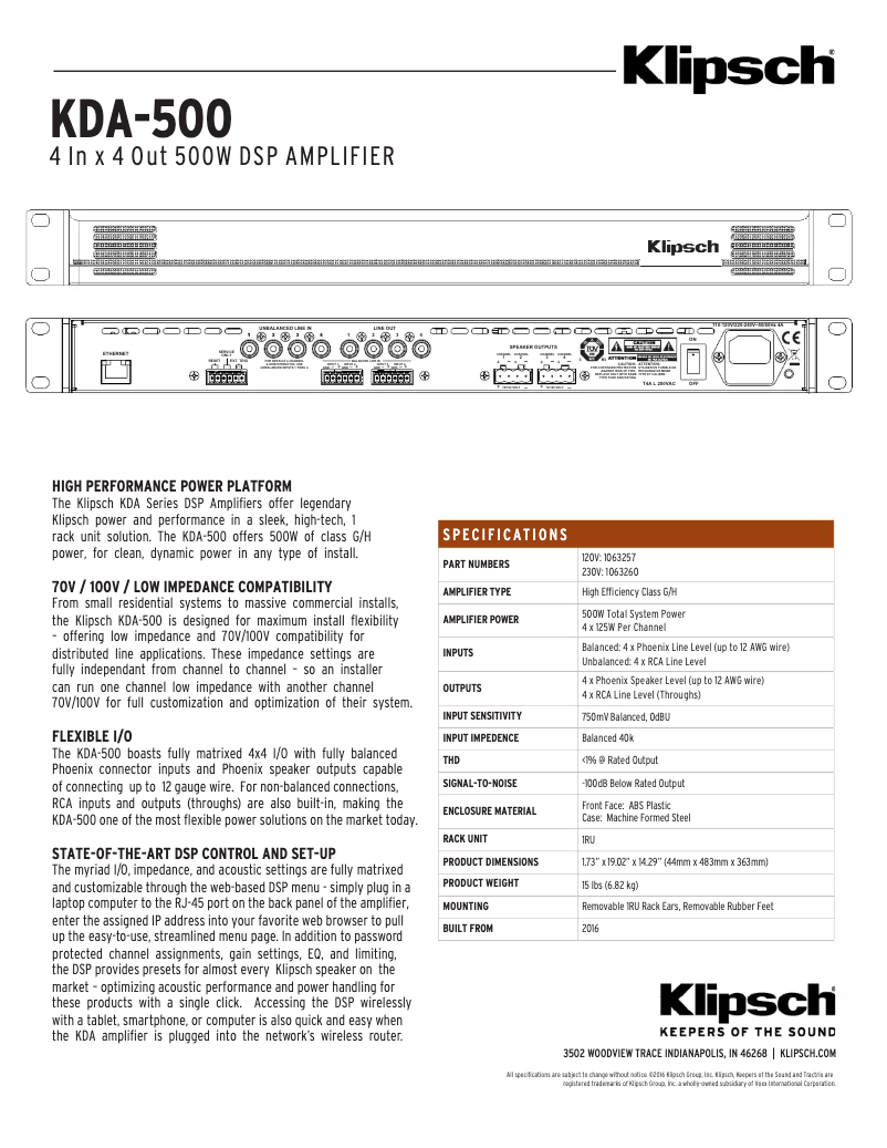 Page 1 de la notice Fiche technique Klipsch KDA-500