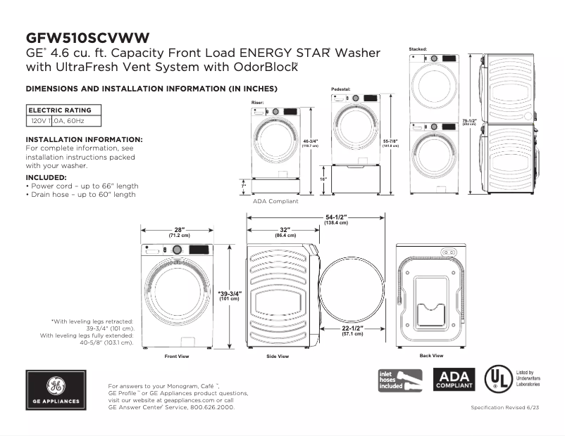 Page 1 de la notice Fiche technique GE GFW510SCVWW