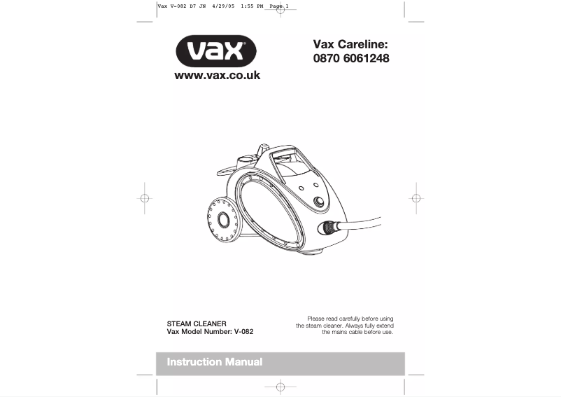 Page 1 de la notice Manuel utilisateur Vax V-082