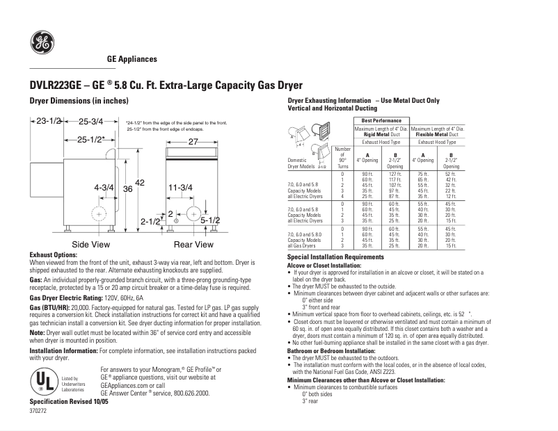Página 1 del manual Ficha técnica GE DVLR223WW
