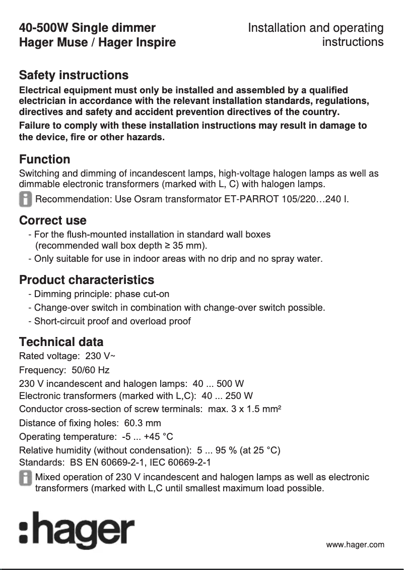 Page 1 of the manual User Manual Hager WGCEDR500