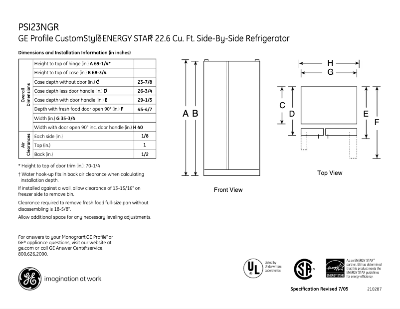 Página 1 del manual Ficha técnica GE Profile CustomStyle PSI23NGRCV