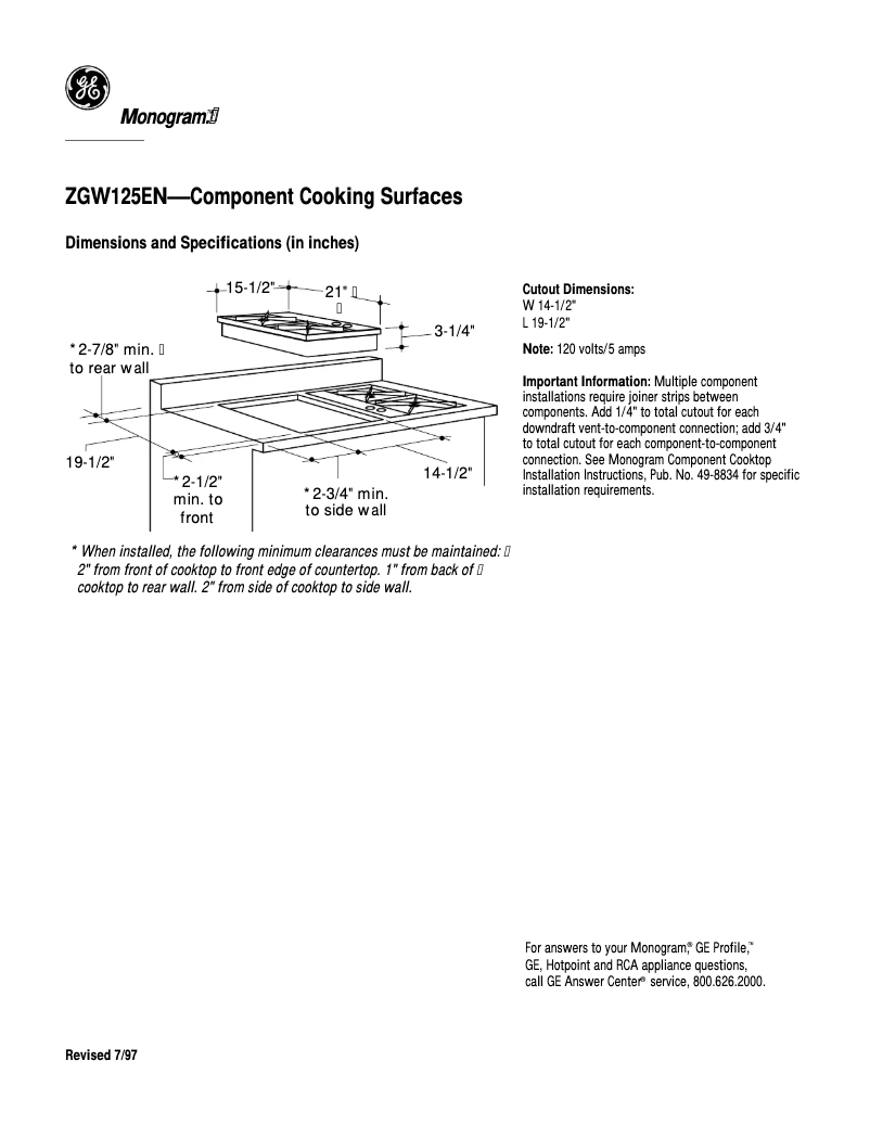 Page 1 de la notice Fiche technique GE ZGW125ENSS