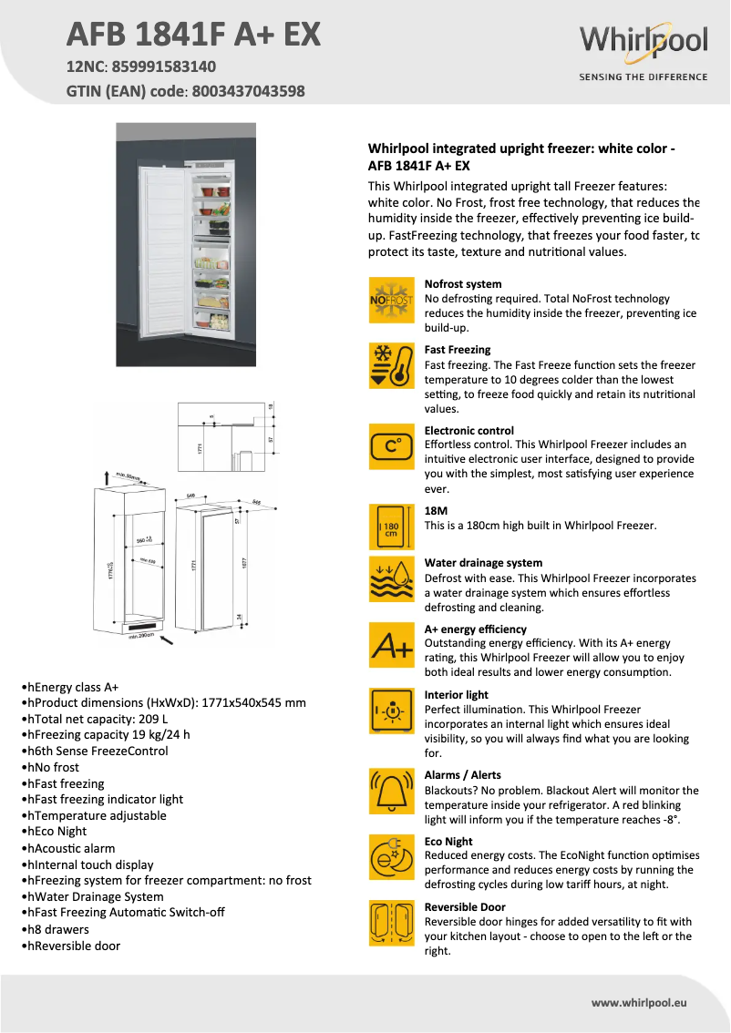 Page 1 de la notice Fiche technique Whirlpool AFB 1841 A++