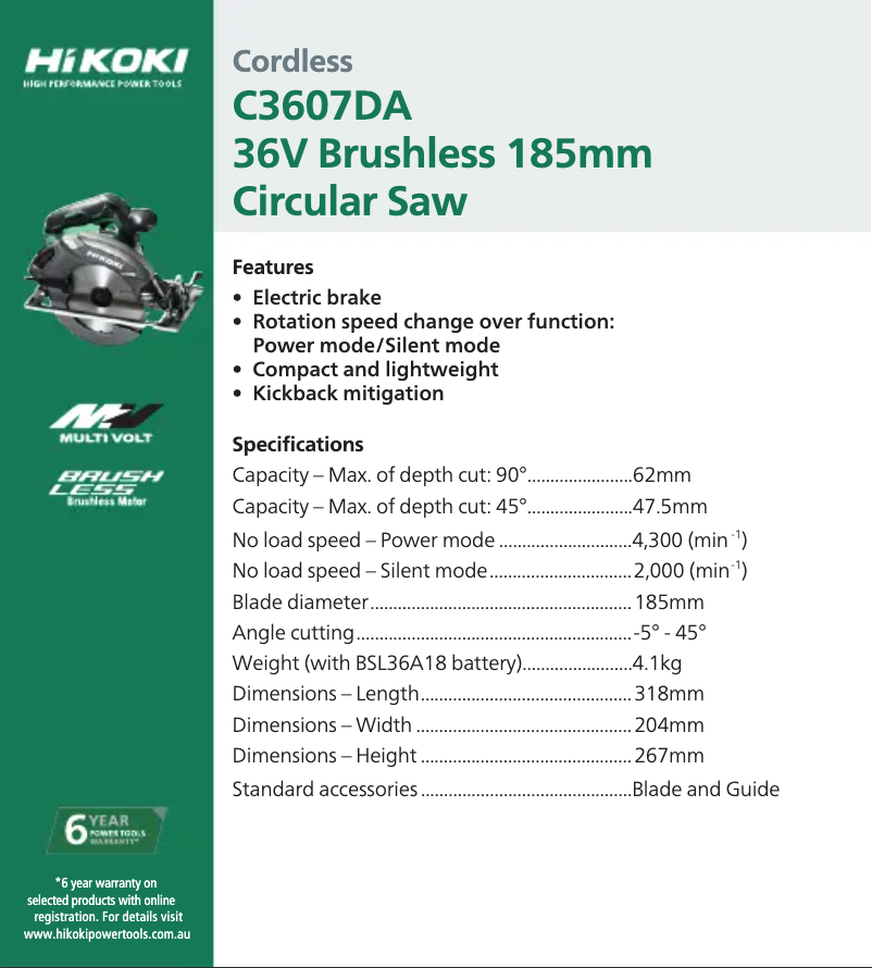 Page 1 de la notice Fiche technique HiKOKI C3607DA