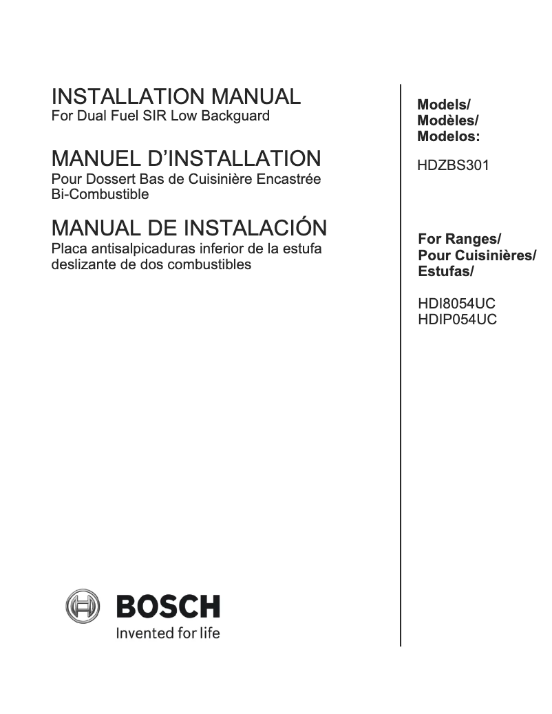 Page 1 of the manual Installation Guide Bosch HDZBS301