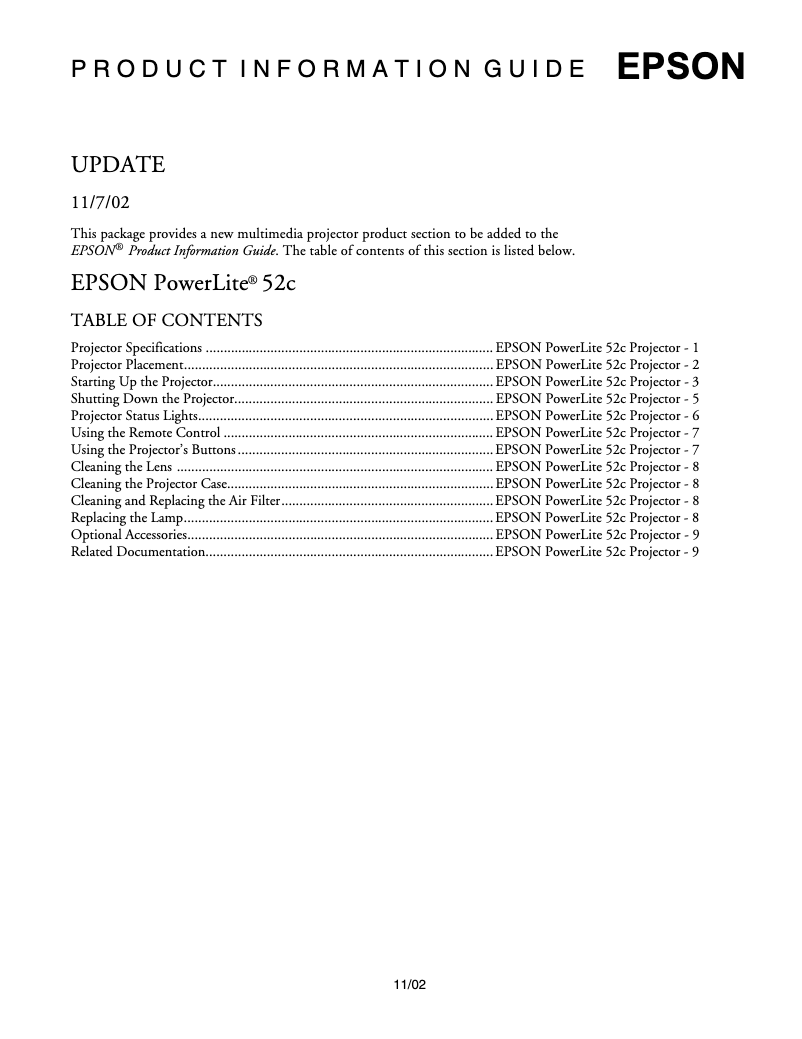 Página 1 del manual Ficha técnica Epson PowerLite 52c