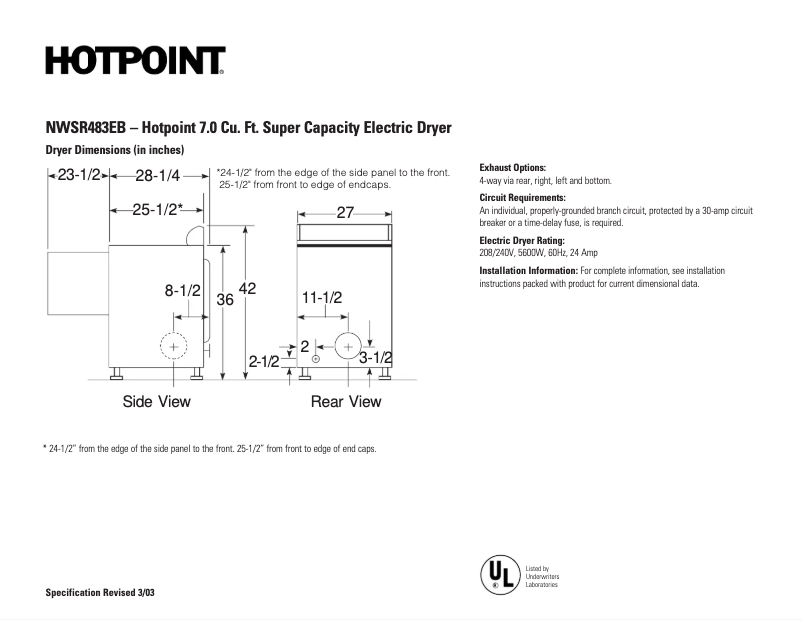 Page 1 of the manual Technical Sheet Hotpoint NWSR483EBWW