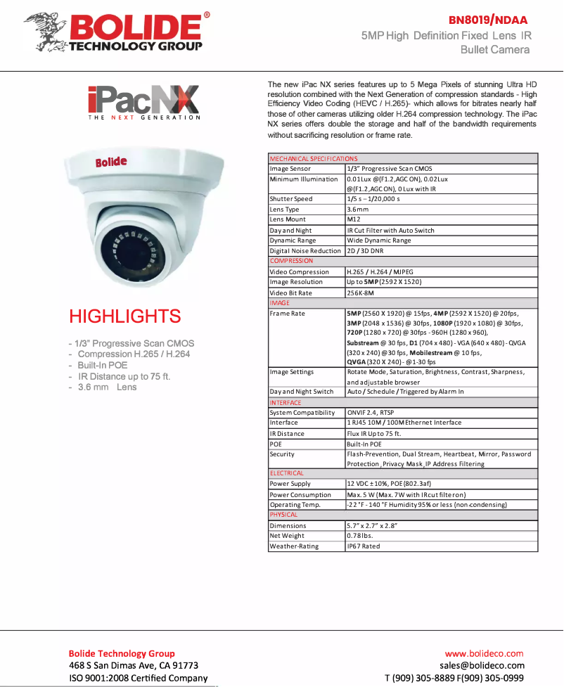 Page 1 de la notice Manuel utilisateur Bolide BN8019/NDAA