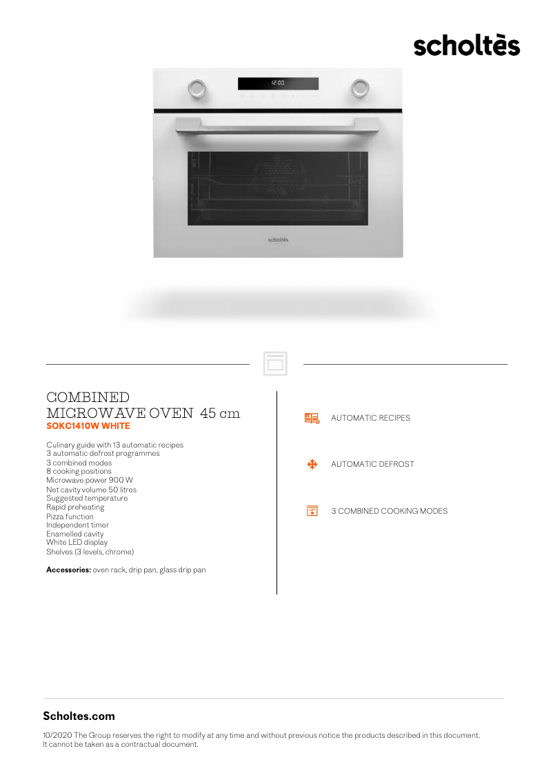 Page 1 de la notice Fiche technique Scholtès SOKC1410W