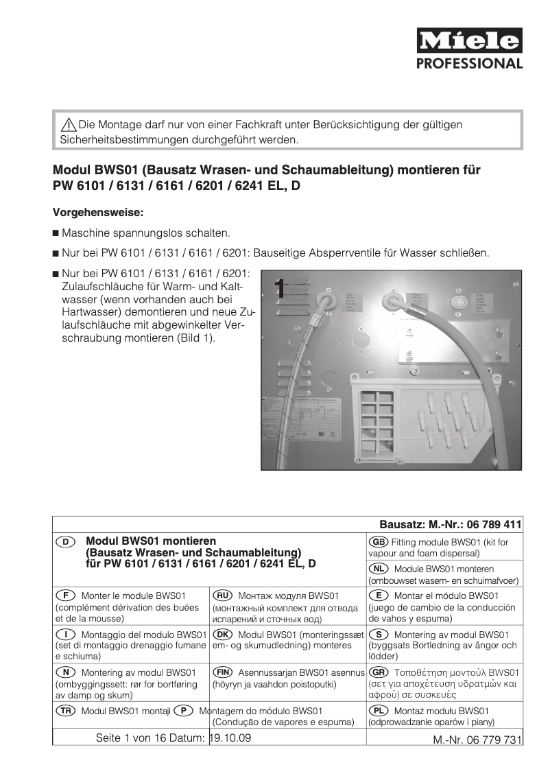Page 1 de la notice Manuel utilisateur Miele BWS 01