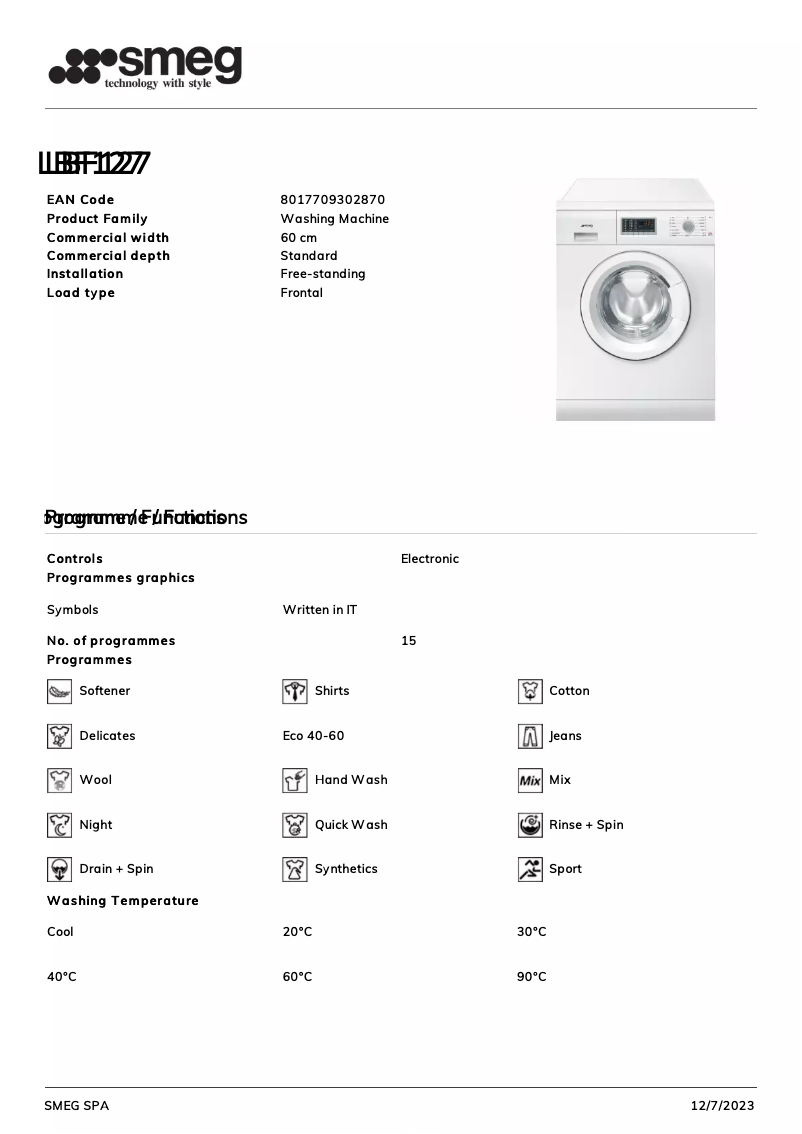Page 1 de la notice Fiche technique Smeg LBF127