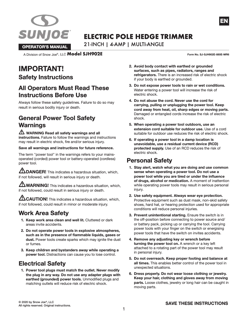 Page 1 de la notice Manuel utilisateur Sun Joe SJH902E