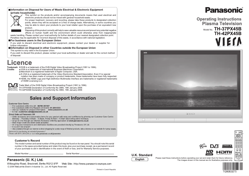 Page 1 de la notice Manuel utilisateur Panasonic TH-42PX45B